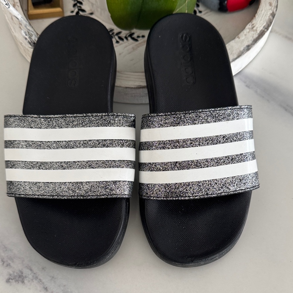 Adidas Kids Black and White Striped Sparkle Slide Sandals